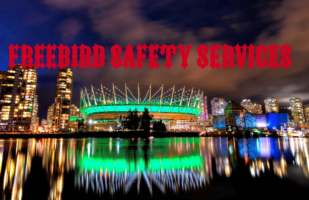 Colorful picture of BC Place reflected in the ocean with FreeBird safety Services name above