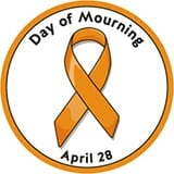 Orange ribbon with the date April 28 and the name Day of Mourning Decal, hard hat sticker