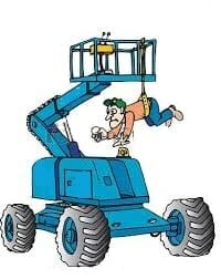 Cartoon image, worker falling out of a genie manlift, awp fall protection