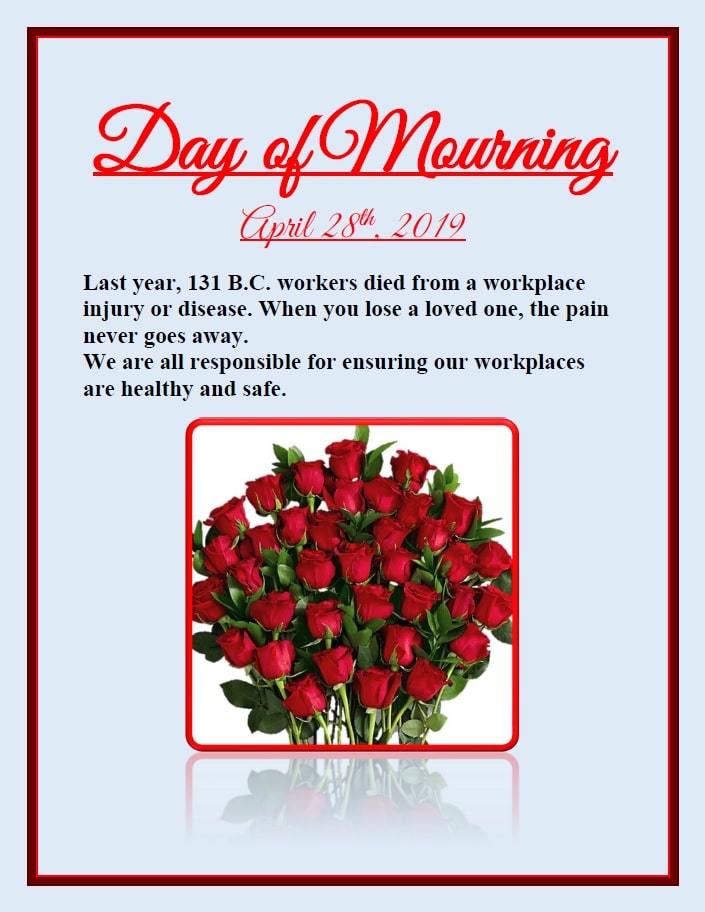 Day of Mourning, April 28, 2019, cover pic with roses, Worker fatality
