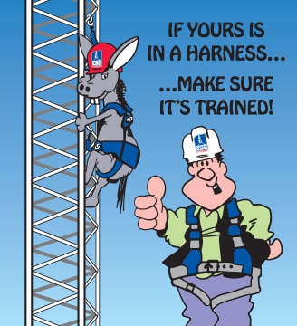 Cartoon for Fall Protection in Construction, donkey climbing a towner, man says get training