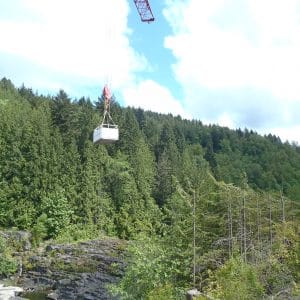 Mock rescue Stave lake dam, DEP Box fly via a crane