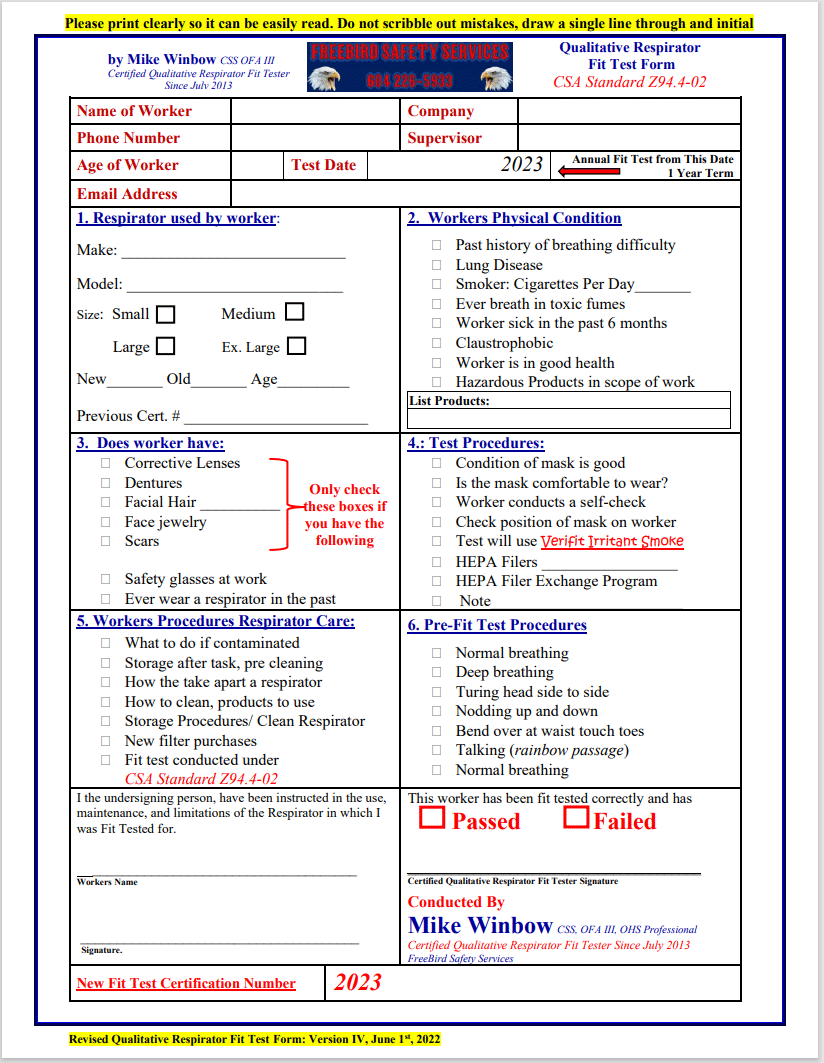 Questions on a Respirator Fit Test Form,