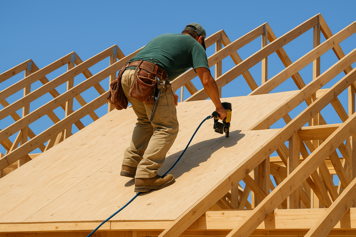 Falling from Heights or Fall Protection 1 Falling from Heights or Fall Protection, Worker sheathing a roof, 10-12 pitch